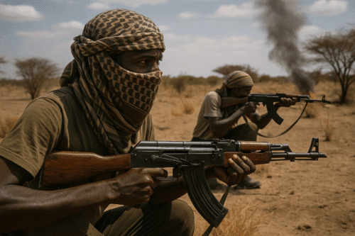 Sudanese civilian resistance fighters moving through arid terrain with light weapons in Darfur.