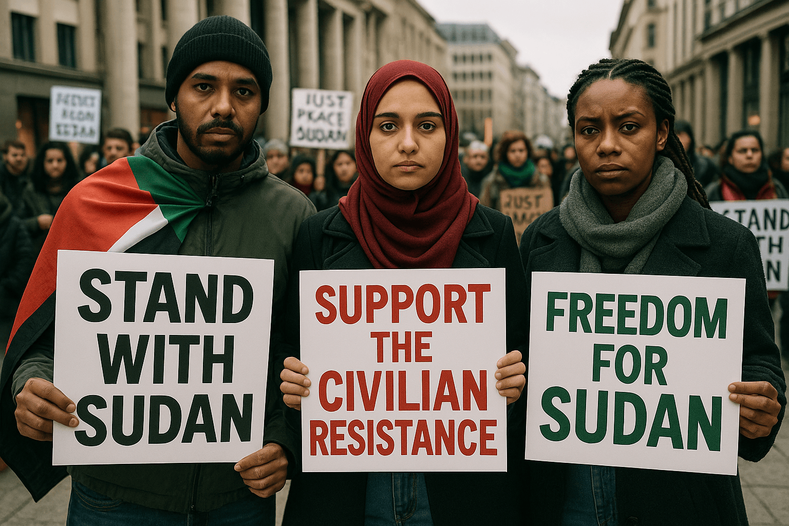 Three demonstrators hold protest signs reading “Stand with Sudan,” “Support the Civilian Resistance,” and “Freedom for Sudan” during a rally, with a larger crowd visible in the background.