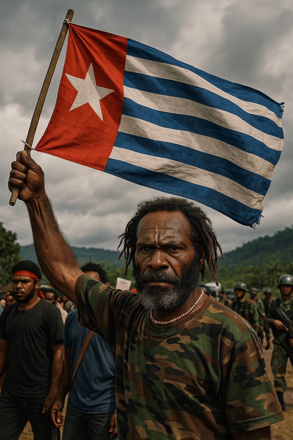 Protester in camouflage shirt raises the Morning Star flag, symbol of West Papuan independence, while standing in front of a crowd with soldiers in the background.