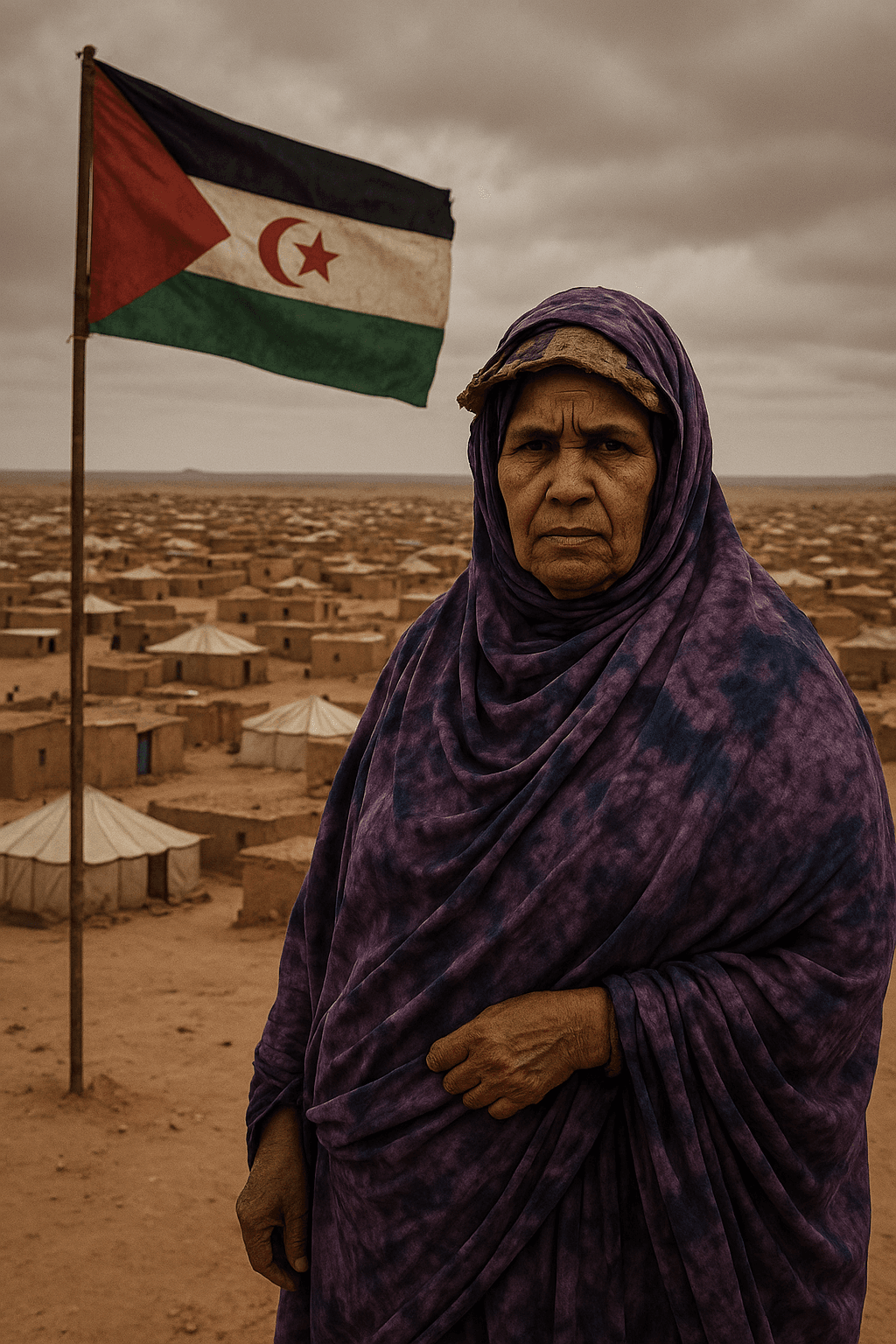 “Elderly Sahrawi woman in a purple robe stands in front of tents in a desert refugee camp, with the flag of Western Sahara (Sahrawi Arab Democratic Republic) flying beside her.