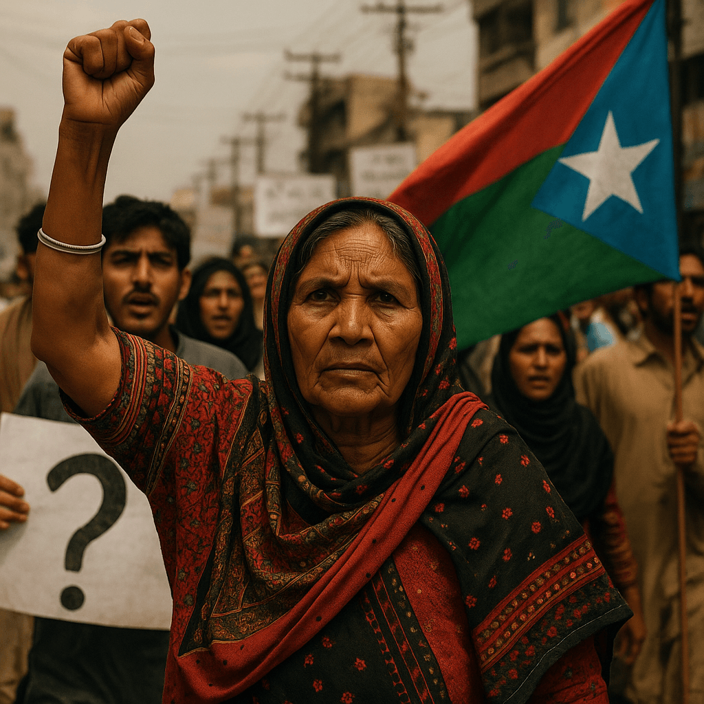 Protester raises her fist during a street demonstration, with others marching behind her carrying signs and a flag with a blue field, white star, red and green diagonal stripes.