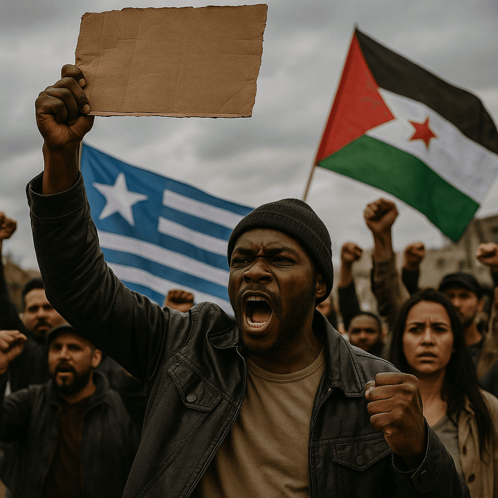 Protesters march with raised fists, one man in front shouting while holding a blank cardboard sign. Behind him, flags of Ambazonia and Western Sahara are visible among the crowd.