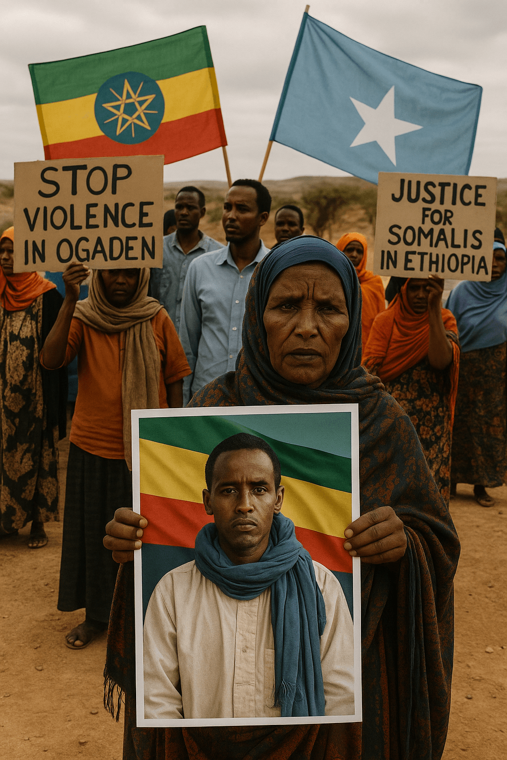 “Somali protesters in Ethiopia hold signs reading ‘Stop Violence in Ogaden’ and ‘Justice for Somalis in Ethiopia.’ A woman in front carries a portrait of a man against the backdrop of Ethiopian and Somali flags.