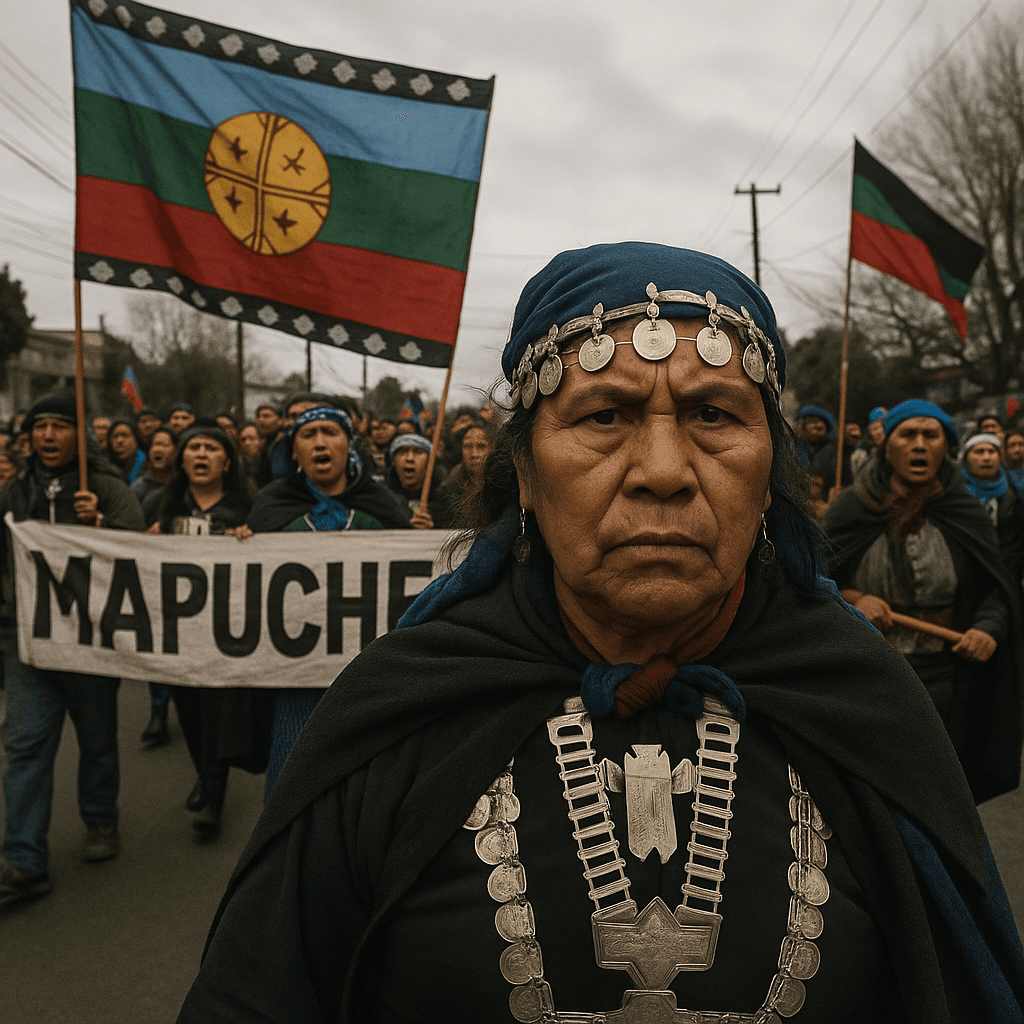 Mapuche leader in traditional dress stands at the front of a protest march, with demonstrators carrying a banner reading ‘Mapuche’ and waving Mapuche flags in the background.