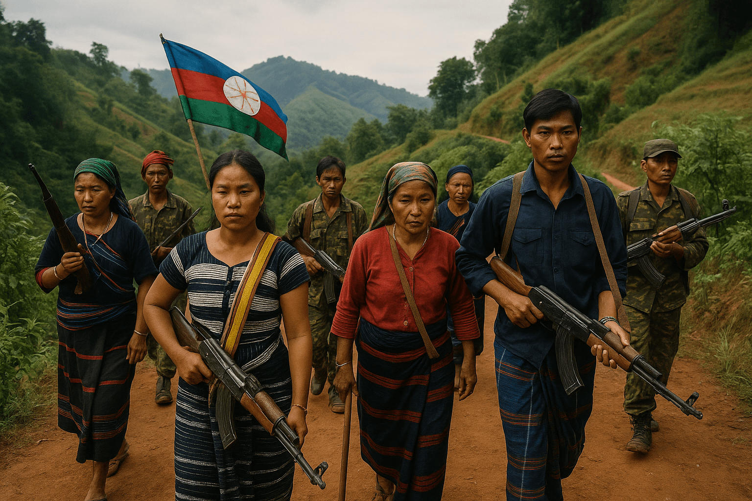 Armed members of an ethnic minority group march along a dirt road in a hilly rural area, with women carrying rifles at the front and a flag with a circular emblem held in the background.