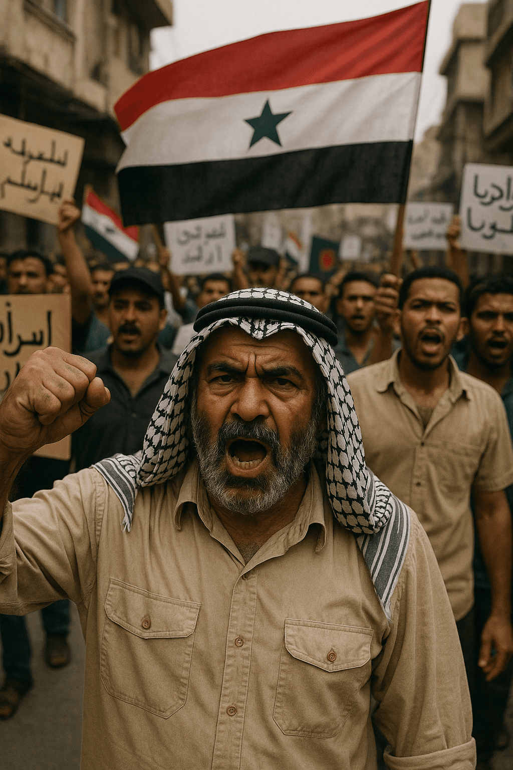 Protesters march through a city street, with an older man in a keffiyeh raising his fist at the front of the crowd. Demonstrators behind him wave signs in Arabic and carry a Syrian flag.