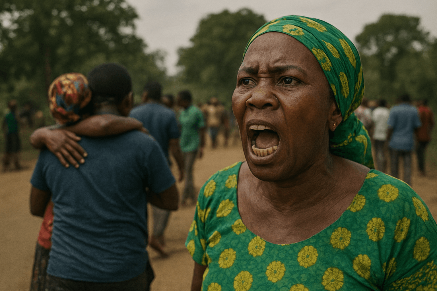 Woman in a green patterned dress and headscarf shouts passionately during a gathering, with groups of people standing and embracing in the background.