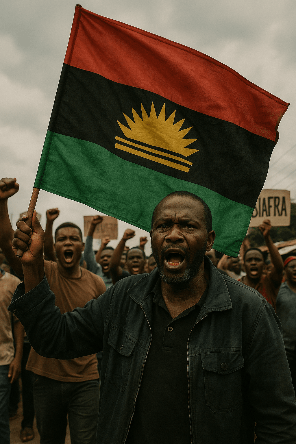Protester raises the Biafran flag while shouting, leading a crowd of demonstrators with fists raised during a rally.
