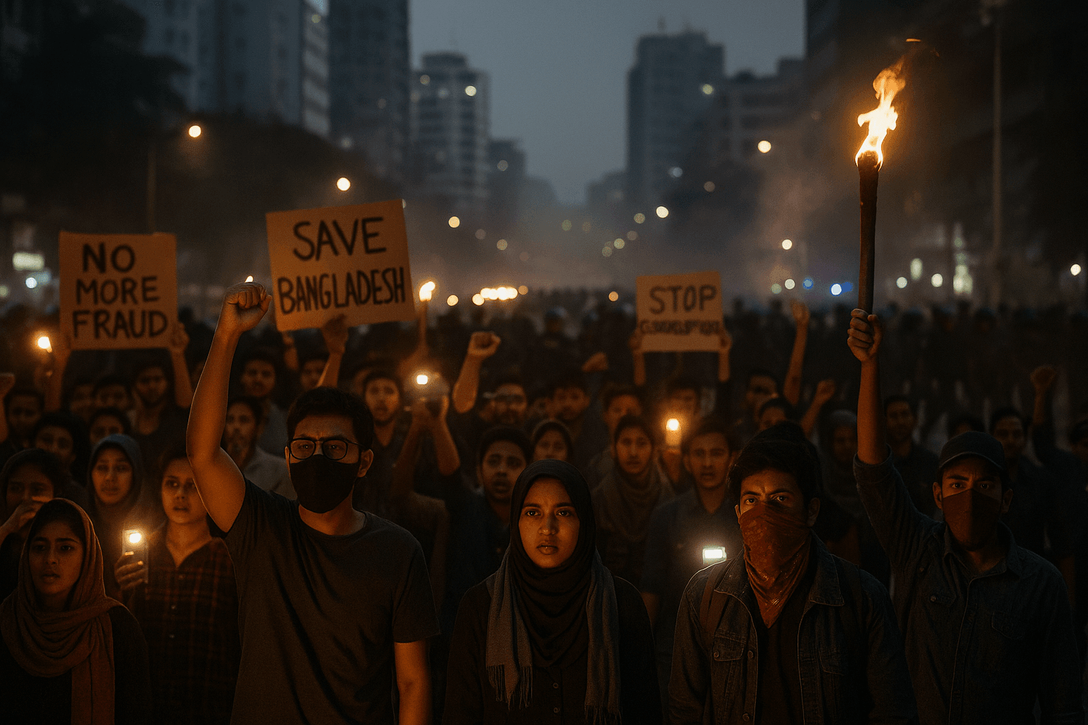 Large crowd of protesters in Bangladesh holding signs reading “Save Bangladesh,” “No More Fraud,” and “Stop Corruption,” with raised fists, candles, and a torch illuminating the nighttime demonstration in a city street.
