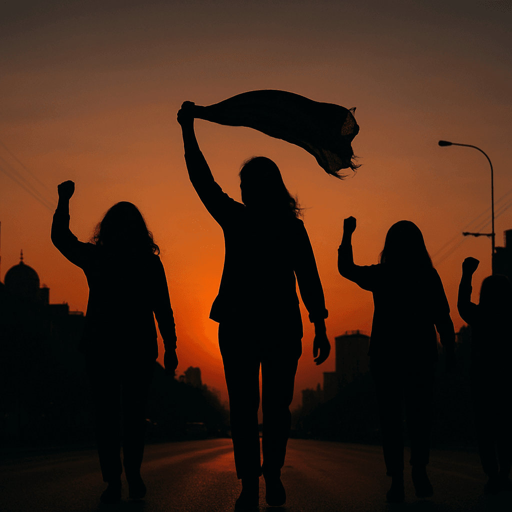 Silhouettes of protesters at sunset, with one person holding a flag aloft and others raising fists in defiance on a city street.