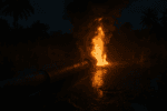 Oil pipeline leaking and burning in a swampy area at night, with flames rising into the dark sky and reflecting on the surrounding water.