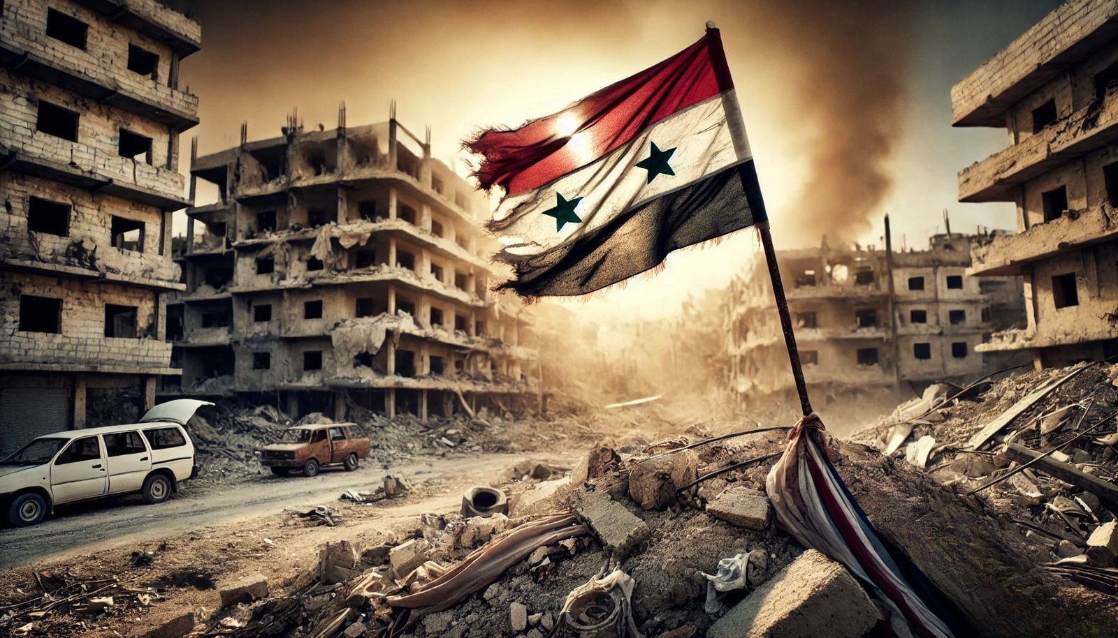 Tattered Syrian flag flying amid the ruins of a war-torn city, with destroyed buildings, smoke, and rubble scattered across the street.