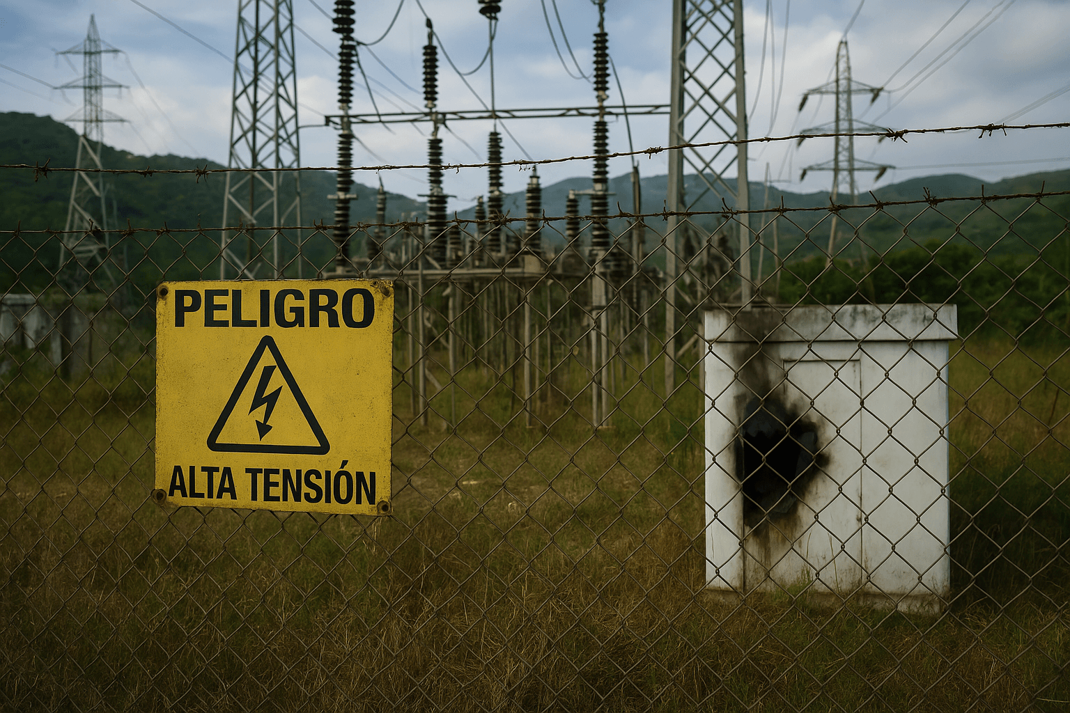 Electric substation fenced with barbed wire, displaying a yellow warning sign in Spanish reading ‘Peligro Alta Tensión’ (Danger High Voltage). A nearby electrical box shows burn damage with black scorch marks.