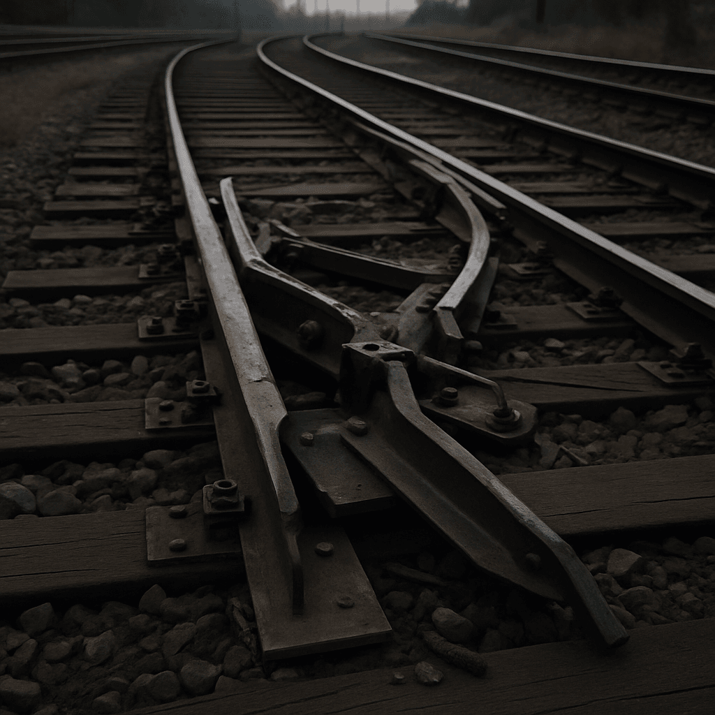 A dark railway line at night illustrating the vulnerability of rail networks to sabotage operations in hybrid warfare, with signal lights glowing in the distance