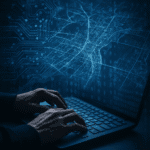 Hands typing on a laptop with a glowing digital overlay of circuit patterns and a city map, symbolizing cyber operations, hacking, or digital surveillance.