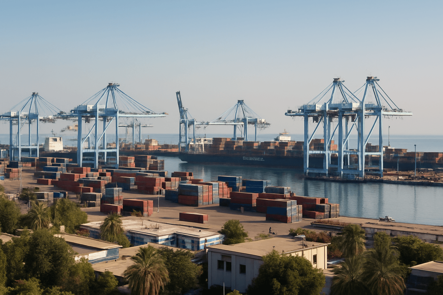 An aerial view of a strategic port facility with cranes and shipping containers, illustrating the vulnerability of maritime infrastructure to hybrid sabotage campaigns