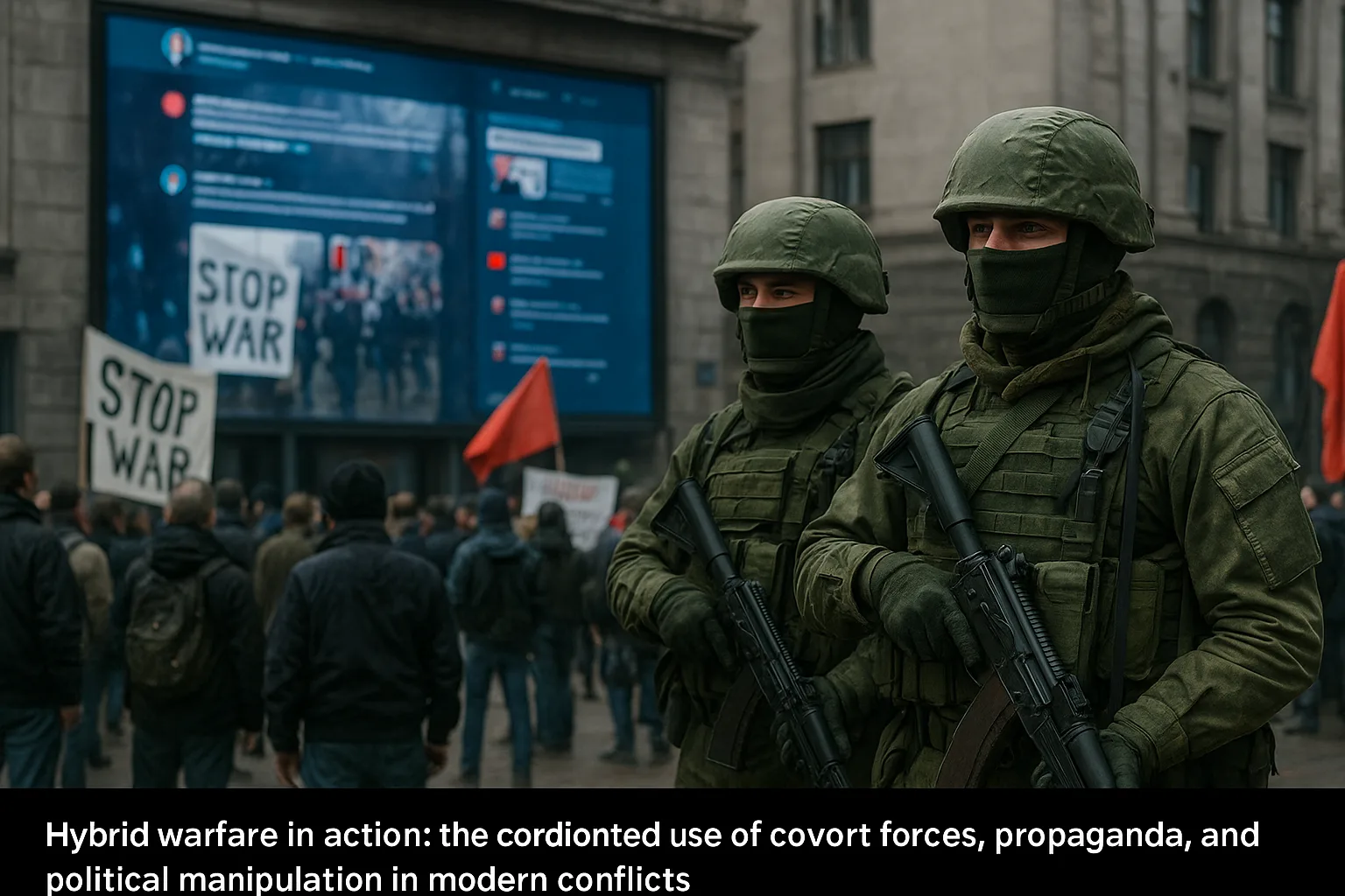 Unmarked soldiers alongside civilian protests and digital propaganda screens, representing the blend of conventional force, irregular tactics, and information warfare that defines hybrid warfare in Crimea.