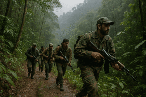 Small guerrilla unit moving through dense forest with light weapons, demonstrating hit-and-run tactics against a larger force.