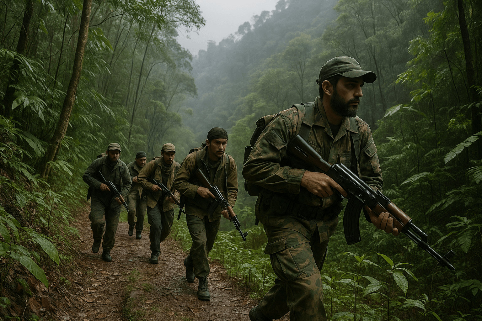 Small guerrilla unit moving through dense forest with light weapons, demonstrating hit-and-run tactics against a larger force.