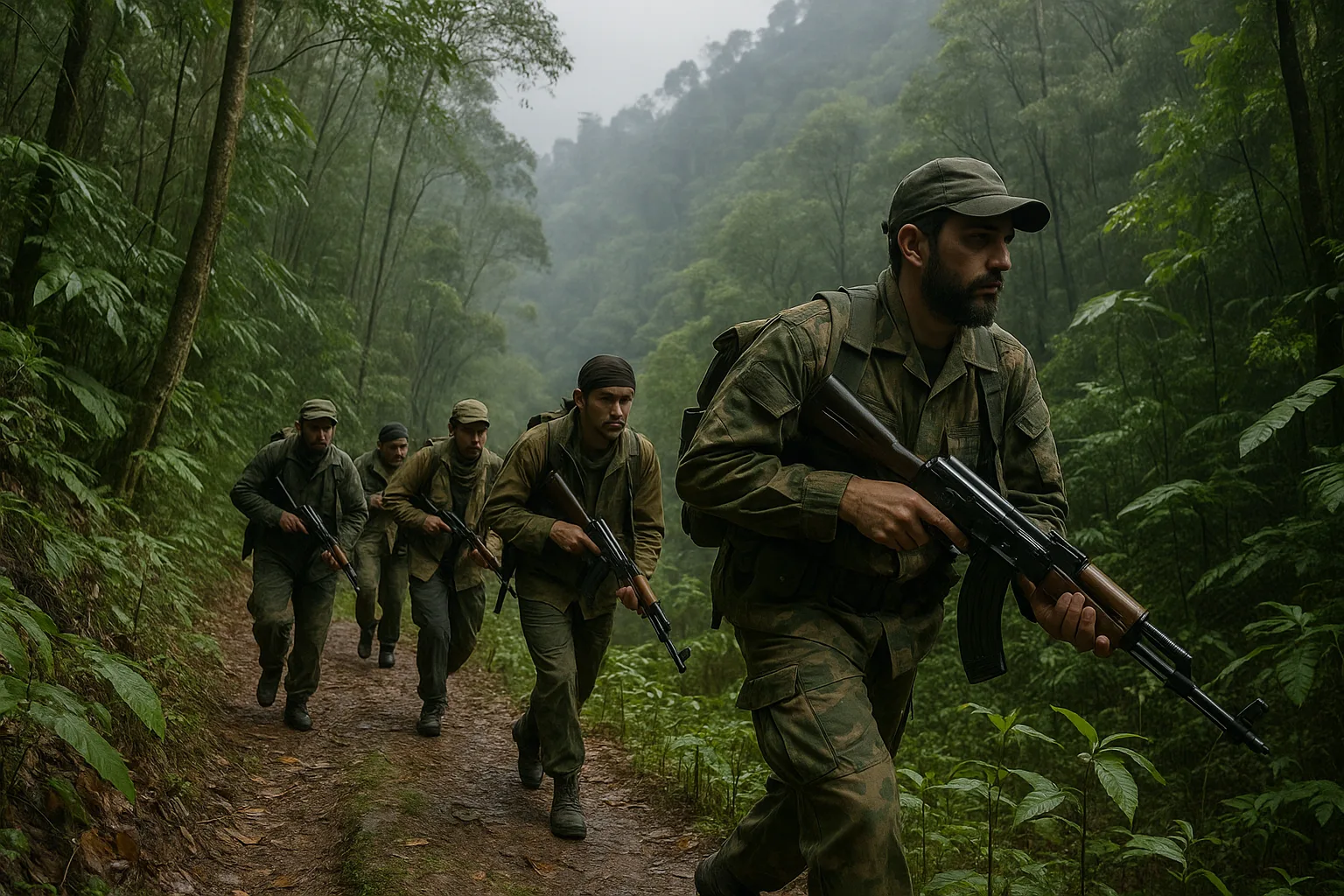 Small guerrilla unit moving through dense forest with light weapons, demonstrating hit-and-run tactics against a larger force in irregular warfare.