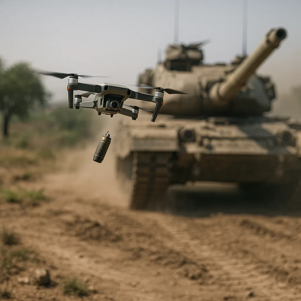 Small commercial drone dropping an improvised munition on a large armored vehicle, showing asymmetric warfare tactics used by non-state actors to exploit vulnerabilities in conventional military forces.