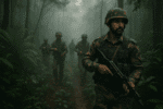 Indian soldiers in camouflage uniforms and helmets patrol through a dense, fog-covered forest in Kashmir, with the lead soldier holding a rifle while others follow behind along a narrow jungle path.