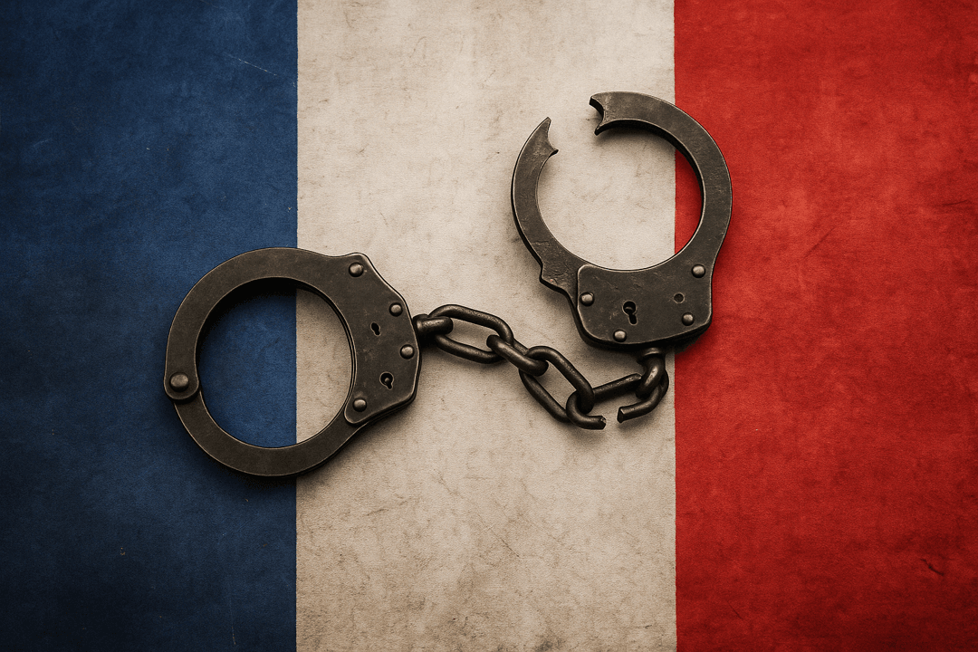 Broken handcuffs placed on a background resembling the French flag, symbolizing freedom, resistance, or political struggle.