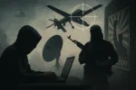 Illustration showing hybrid warfare elements: a hooded figure at a laptop, an armed militant holding a rifle, a large drone in crosshairs overhead, helicopters in the sky, and a satellite dish in the background beside a propaganda-style poster.