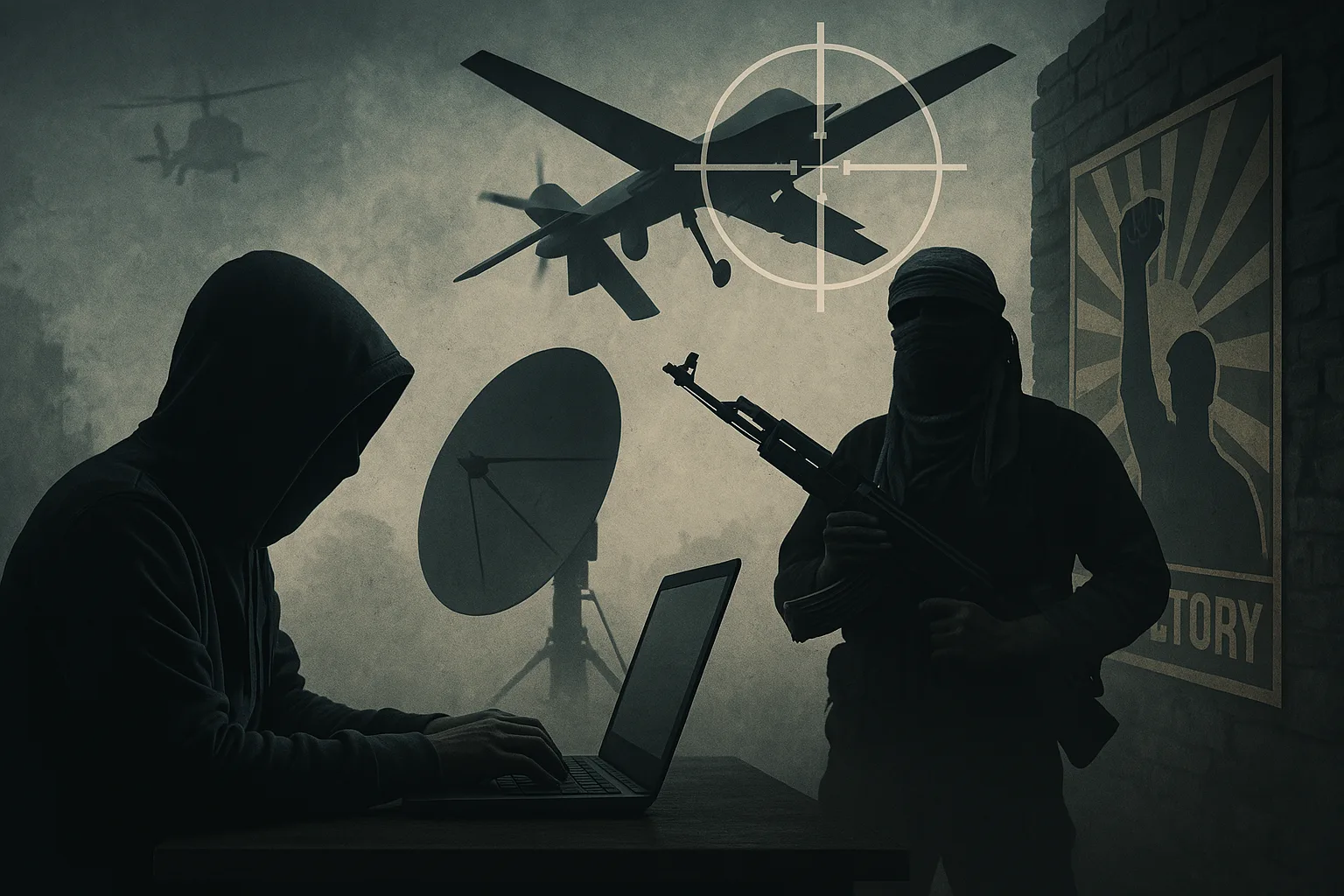 Illustration showing hybrid warfare elements: a hooded figure at a laptop, an armed militant holding a rifle, a large drone in crosshairs overhead, helicopters in the sky, and a satellite dish in the background beside a propaganda-style poster.