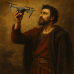 Classical-style oil painting of a bearded man in historical robes holding a modern quadcopter drone aloft, blending Renaissance portraiture with contemporary technology.
