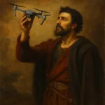 Classical-style oil painting of a bearded man in historical robes holding a modern quadcopter drone aloft, blending Renaissance portraiture with contemporary technology.