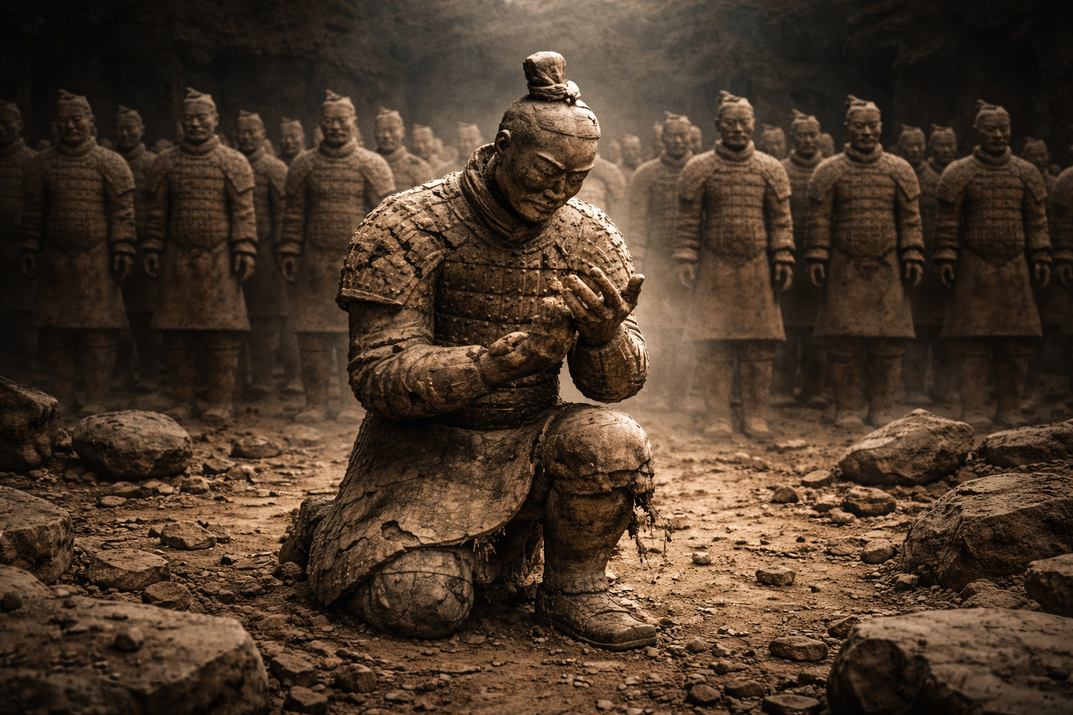 Photorealistic image of a kneeling terracotta general looking directly forward through cracked hands, with fractured legs and crumbling clay, while rows of terracotta soldiers stand behind him showing structural cracks in their lower bodies, symbolizing the hidden fragility of a rigid military system.