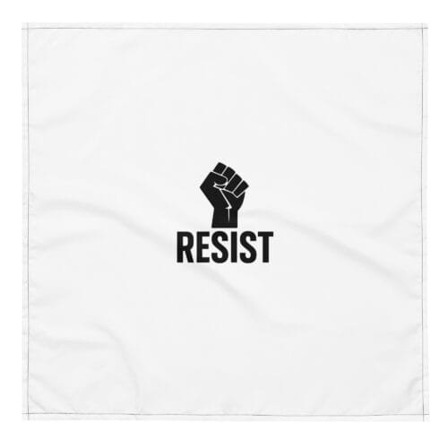 White bandana with black raised fist and RESIST text centered