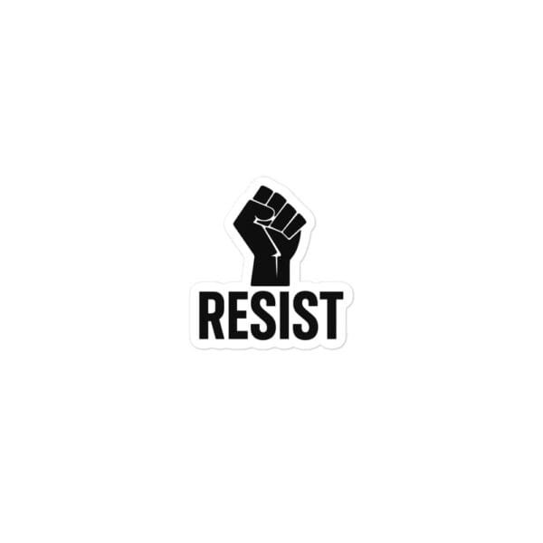 Die-cut sticker with raised black fist and RESIST text on white background
