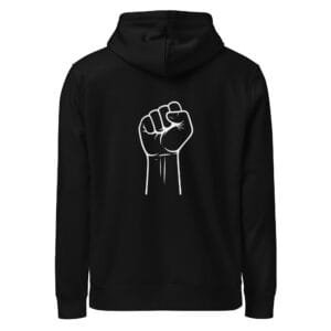 Back view of black hoodie with white minimalist raised fist design