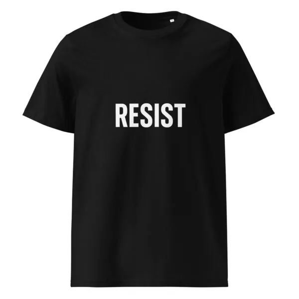 Black t-shirt with bold white RESIST text design