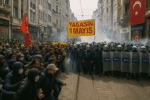 Large crowd of protesters in Istanbul confronts a police line of riot officers with shields. Demonstrators hold a red flag and a yellow banner reading ‘YASASIN 1 MAYIS’ (‘Long live May Day’). Smoke rises in the background, and Turkish flags hang from nearby buildings.