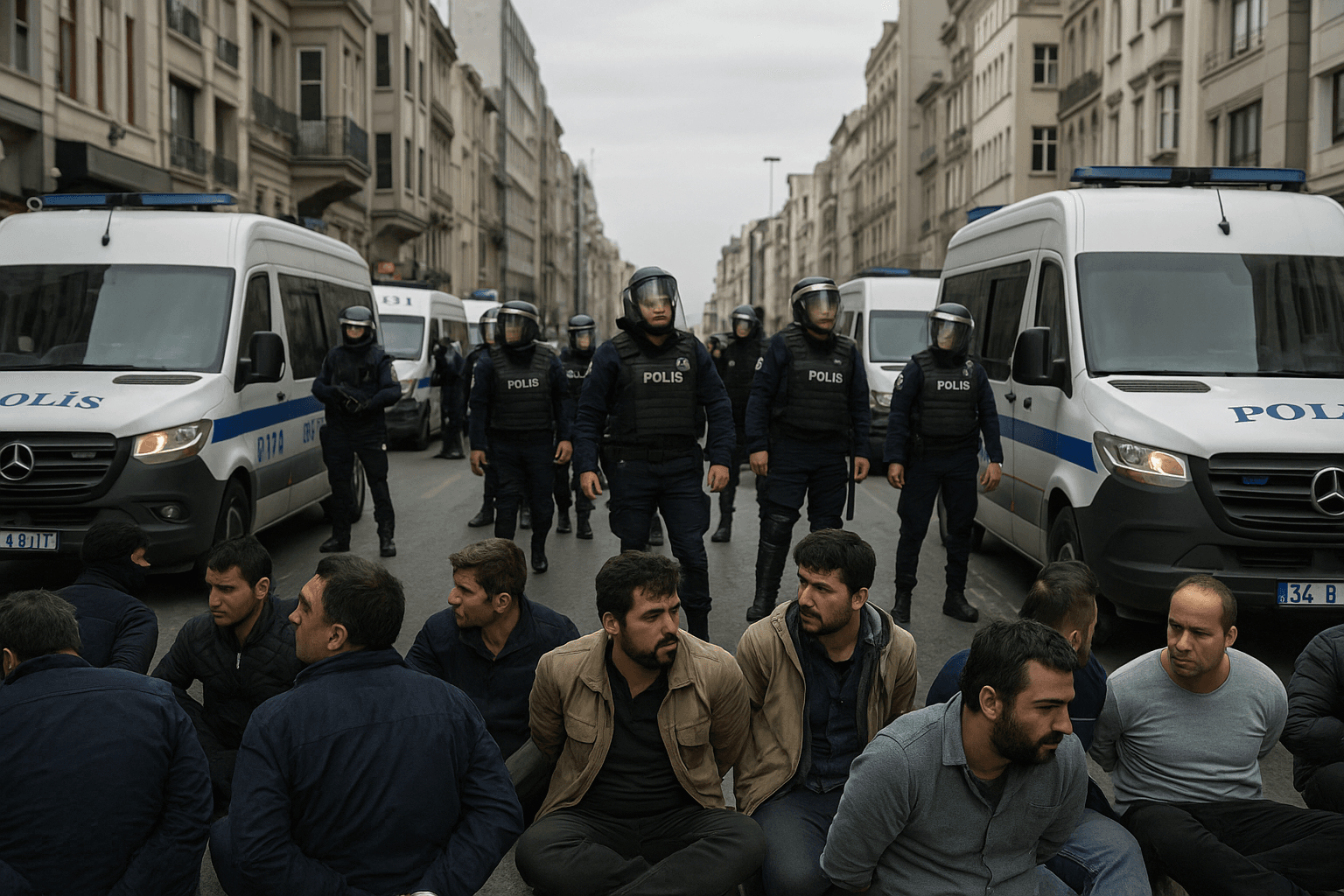 Turkish riot police arresting May Day protesters in Istanbul, 2025