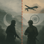 Illustration showing a divided scene: on the left, a fighter with a rifle stands before Pakistan’s flag, and on the right, a soldier with a rifle stands before India’s flag. A drone flies above the Indian side, symbolizing military tension and conflict across the border.
