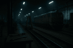Dimly lit train maintenance workshop with a stationary locomotive on the tracks, overhead fluorescent lights casting a moody glow. A workbench with wrenches and tools is visible in the foreground.