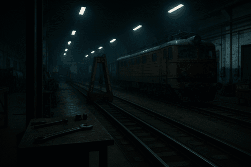 Dimly lit train maintenance workshop with a stationary locomotive on the tracks, overhead fluorescent lights casting a moody glow. A workbench with wrenches and tools is visible in the foreground.