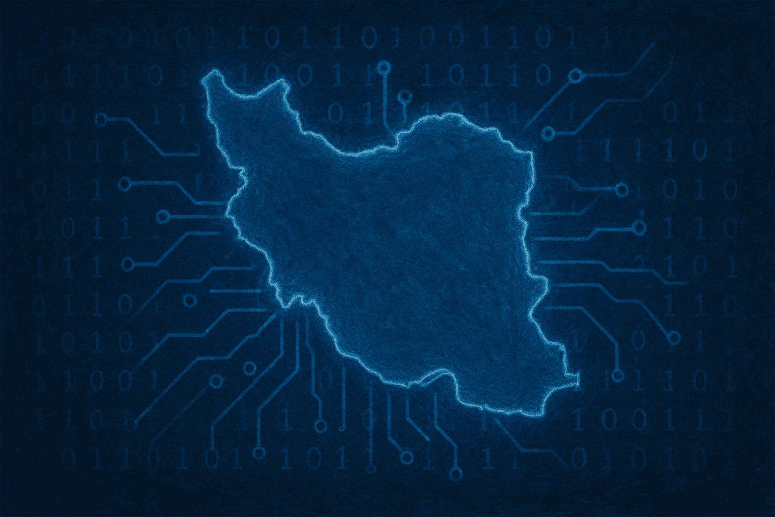 Digital illustration of Iran’s map outlined in glowing blue against a dark background with binary code (0s and 1s) and circuit patterns radiating outward, symbolizing cyber activity or cyber warfare.