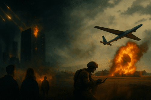 A war-torn landscape showing contrasting strategies in Ukraine: on one side, a drone strike ignites an oil depot in a fiery explosion near military warehouses; on the other, burning high-rises and apartment blocks illustrate civilian destruction. Smoke and fire fill the sky under stormy light, evoking modern warfare’s duality of precision and indiscriminate targeting.