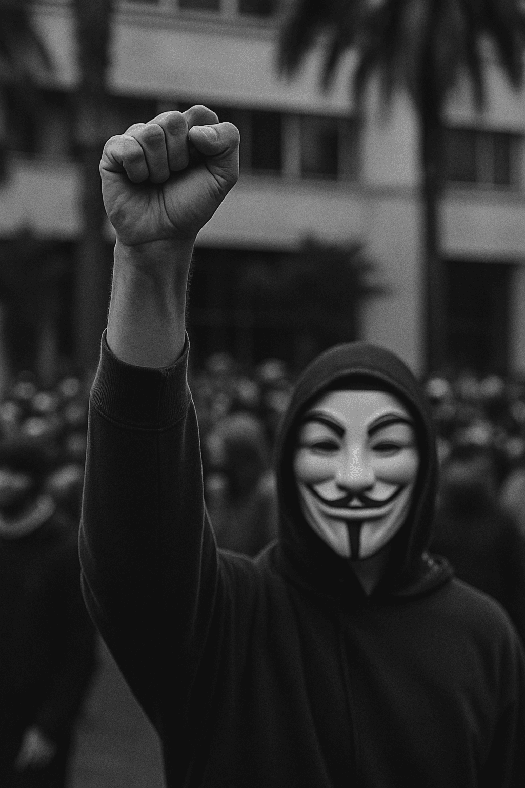 A person wearing a Guy Fawkes mask raises a fist during a protest, with a crowd and buildings in the background.