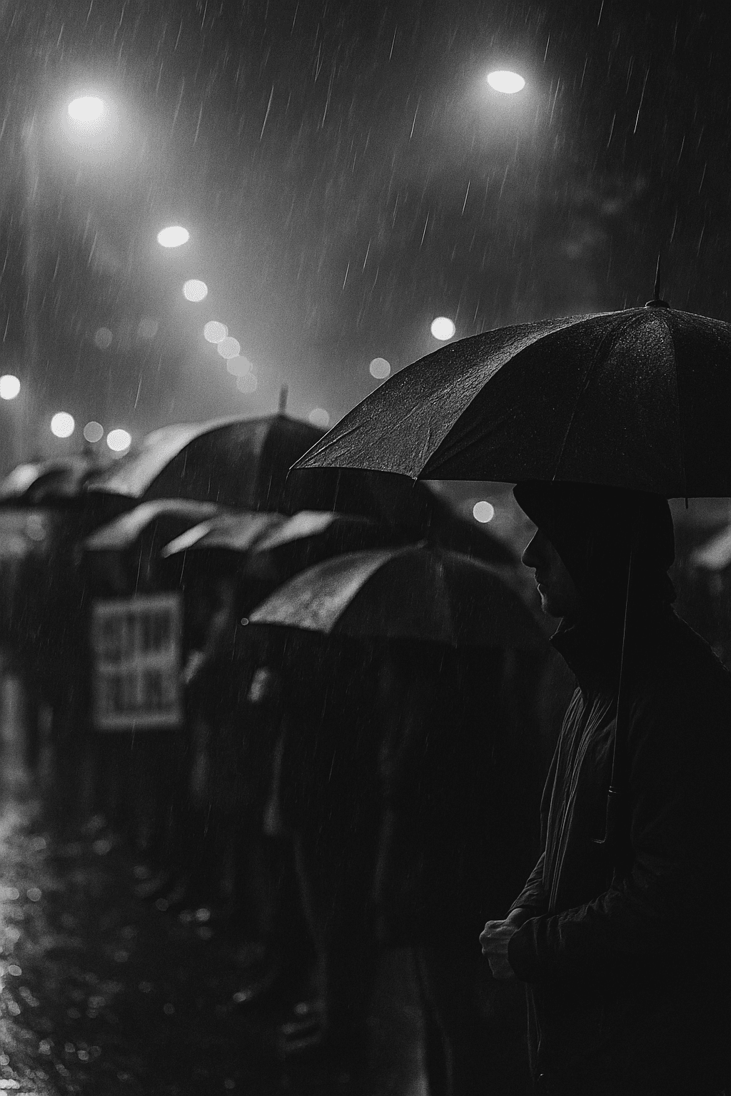 People holding umbrellas stand in the rain during a nighttime protest on a city street.