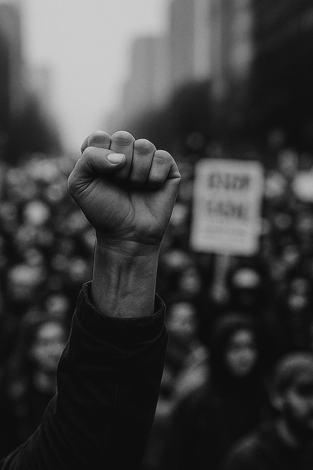 A raised fist in the foreground at a protest, with a blurred crowd and sign in the background.