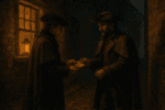 Two men in 18th-century attire stand in a dimly lit cobblestone alley at night. One wears a cloak and tricorne hat, illuminated by a lantern from a window, as he hands a folded note to the other, who carries a musket slung over his shoulder.