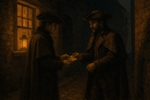 Two men in 18th-century attire stand in a dimly lit cobblestone alley at night. One wears a cloak and tricorne hat, illuminated by a lantern from a window, as he hands a folded note to the other, who carries a musket slung over his shoulder.