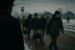 Group of diverse foreign recruits walking in single file toward a snowy military camp, with discarded passports on the ground and a guard’s shadow in the foreground, symbolizing coercion and loss of freedom.