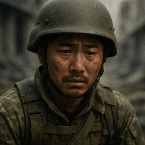 Young Asian man in worn military gear with a battered helmet, staring ahead with a somber expression, representing the betrayal of false job promises leading to frontline deployment.